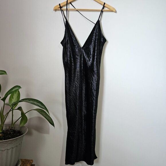 EUC EXPRESS BLACK SATIN FEEL DEEP V NECK SPAGHETTI STRAP MIDI DRESS SIZE 14 - Picture 6 of 14